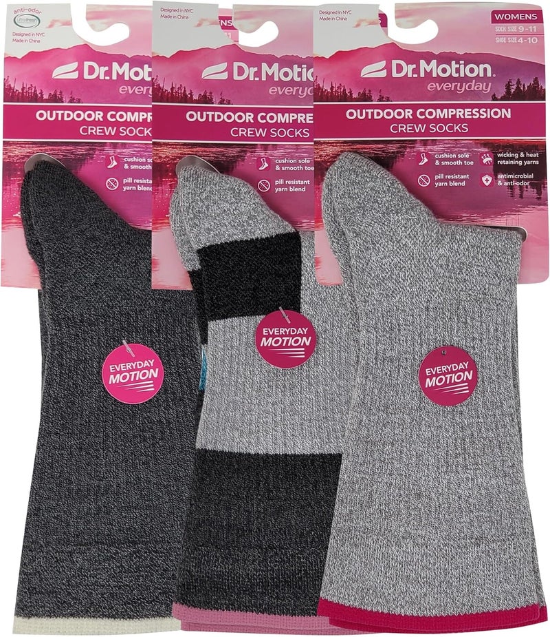 Dr Motion Compression Crew Socks For Women Outdoor Hiking Walking With Enhanced Cushion And Breathable Arch Support 3 Pairs - Image 2